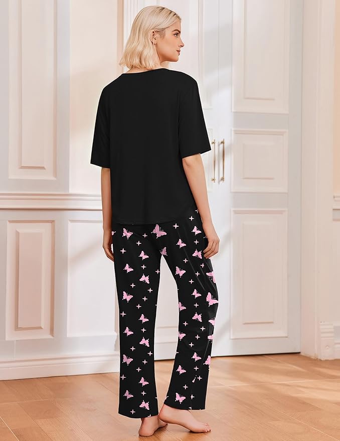 Ekouaer 2 Pack Womens Pajama Sets Short Sleeve Tops and Long Pants Casual Comfy Pjs Lounge Set with Pockets,S-XXL
