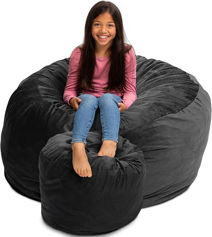 ULTIMATE SACK 4000 4-Foot Bean Bag Chair with Footstool, Grey Suede Cover – Oversized Foam Lounger, Floor Seat, Small Sofa, or Couch Bed for Living Area, Gaming Room, or Reading Lounge