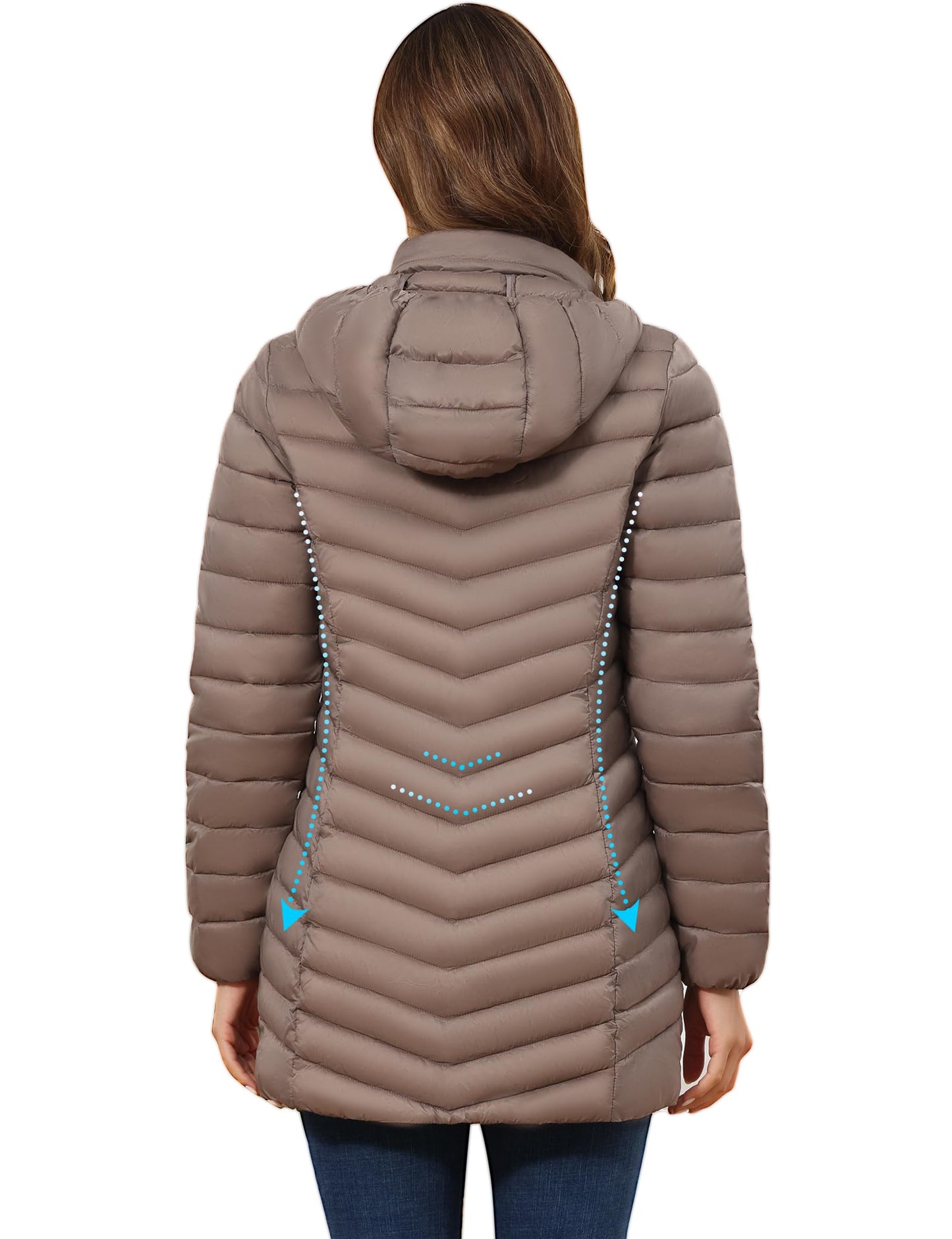 ROYAL MATRIX Women's Packable Puffer Jacket - Lightweight Winter Warm Long Quilted Puffer Coat with Detachable Hood (Khaki, XXL)
