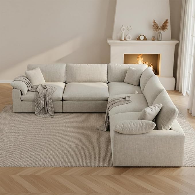 Forest aesthetics 211.6" Cloud Modular Sectional Sofa,Light Beige Down Filled Sofa 5 Seat,Minimalist Sofa Cover Washable and Replaceable Couches for Living Room,Sectional Sofa Deep Seat