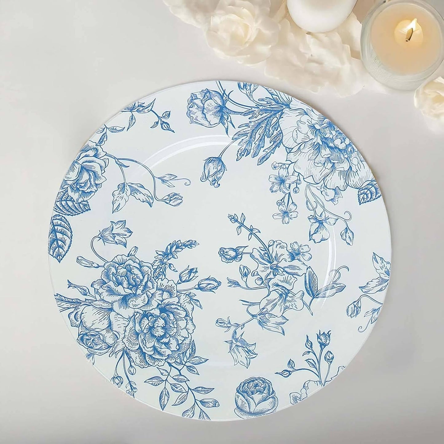 Efavormart 6 Pack White Blue Floral Acrylic Charger Plates in French Toile Pattern, Round Dinner Charger Event Tabletop Decor - 13"