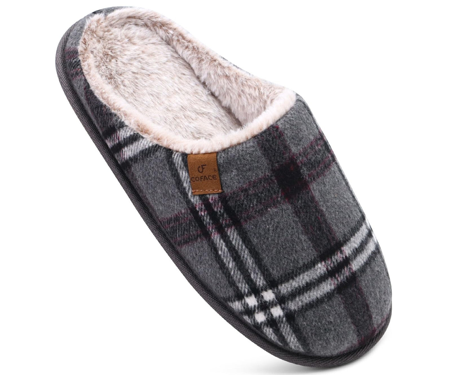 COFACE Mens Grey Flano Plaid Cozy Memory Foam scuff Slippers Slip On Warm House Shoes Indoor/Outdoor With Best Arch Support Size 11