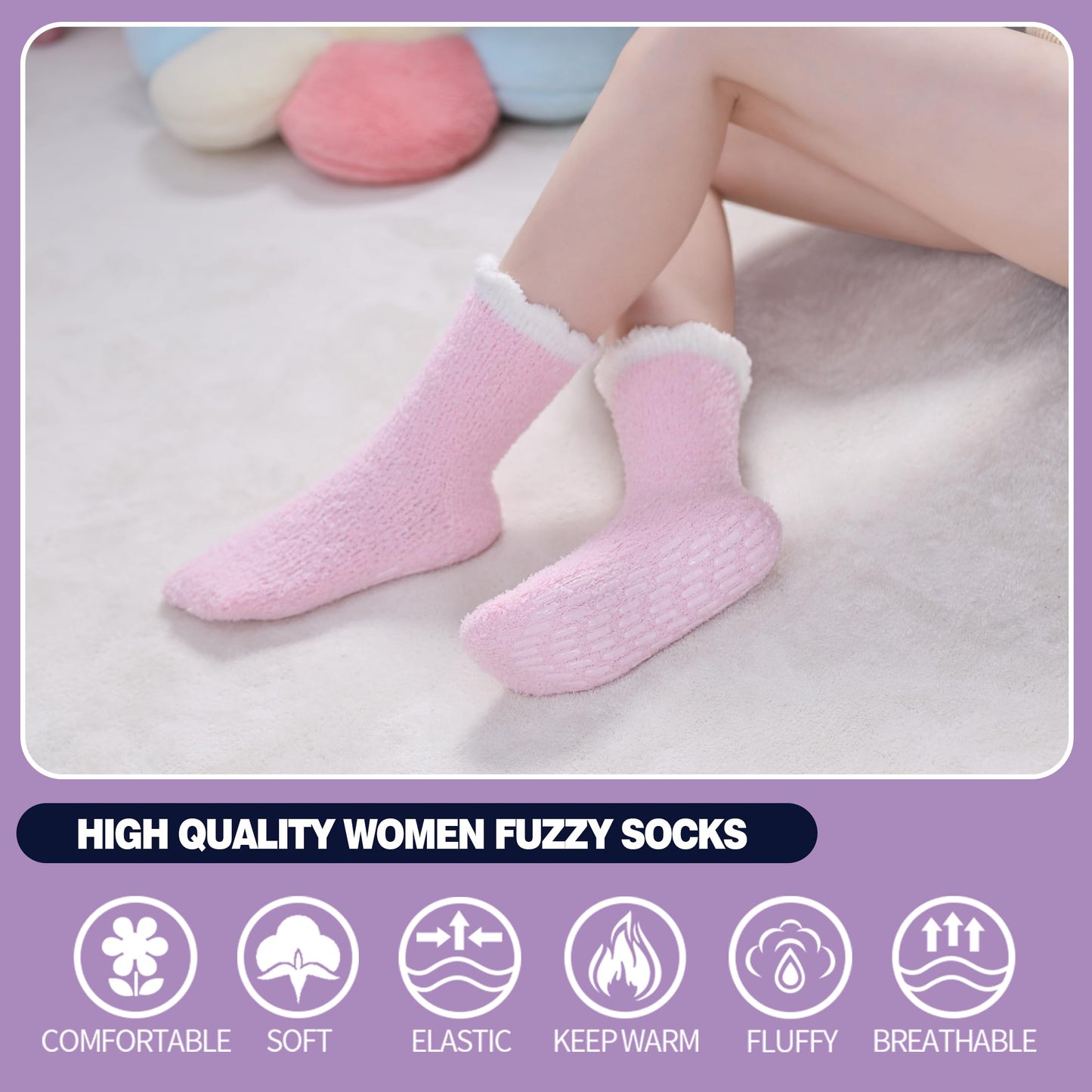 MQELONG Non Slip Hospital Socks with Grips for Women Winter Warm Cozy Fuzzy Slipper Soft Fluffy Sleep Socks (5 Pairs Light Colour Patchwork)