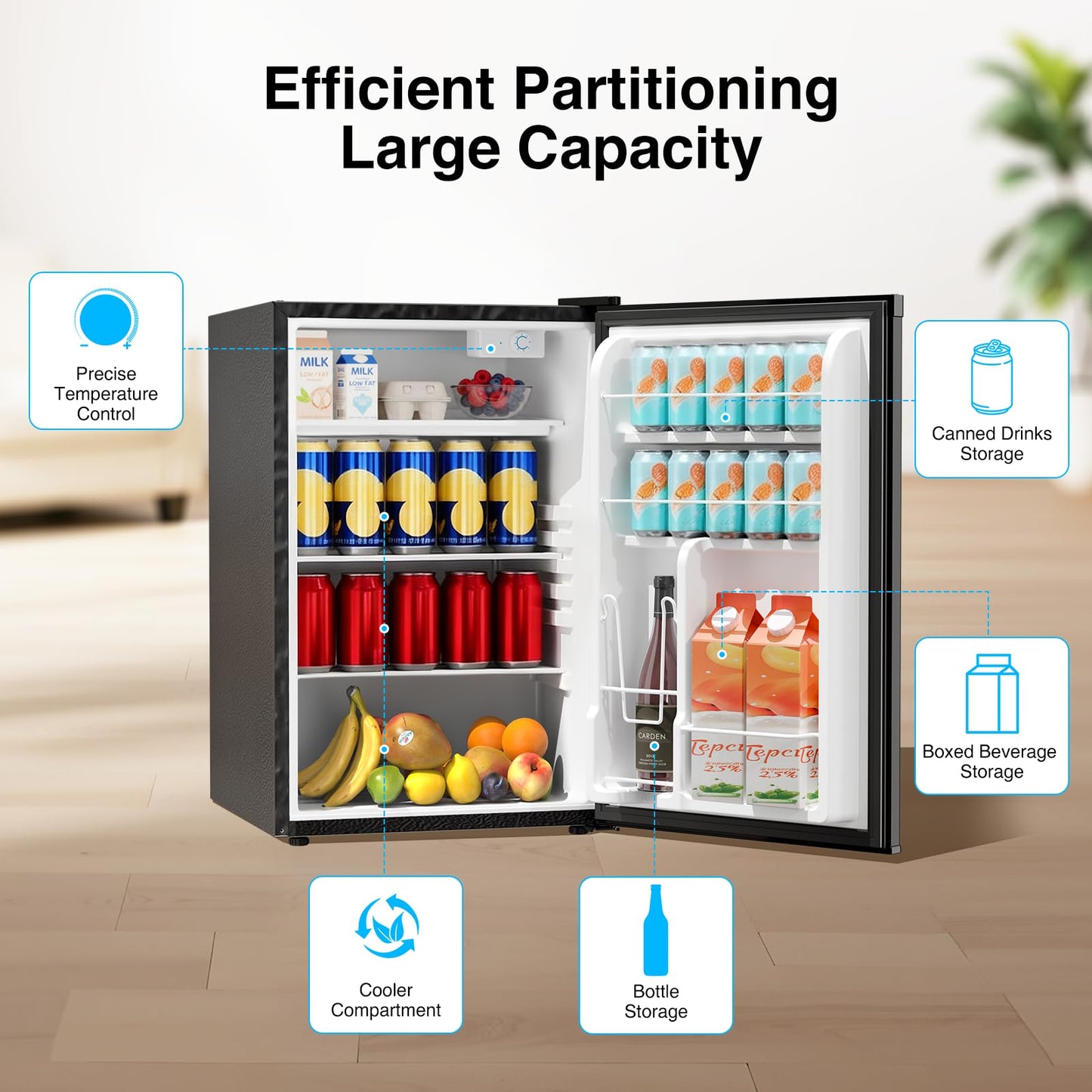 Kismile 4.41 Cu Ft Compact Refrigerator Single Door Mini Fridge with 7 Adjustable Thermostat, Glass Shelves, Quiet & Energy Efficient Small Refrigerator for Bedroom, Office, Dorm, Apartment, Black
