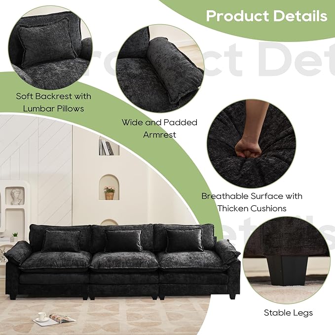 Oprisen 120" Modular Sectional Sofa, Comfy Cloud Couch Sectional Sofa, Chenille Sofa Sleeper Deep Seat Sofa with Throw Pillows for Living Room (Black, 120"- 3 Seater)