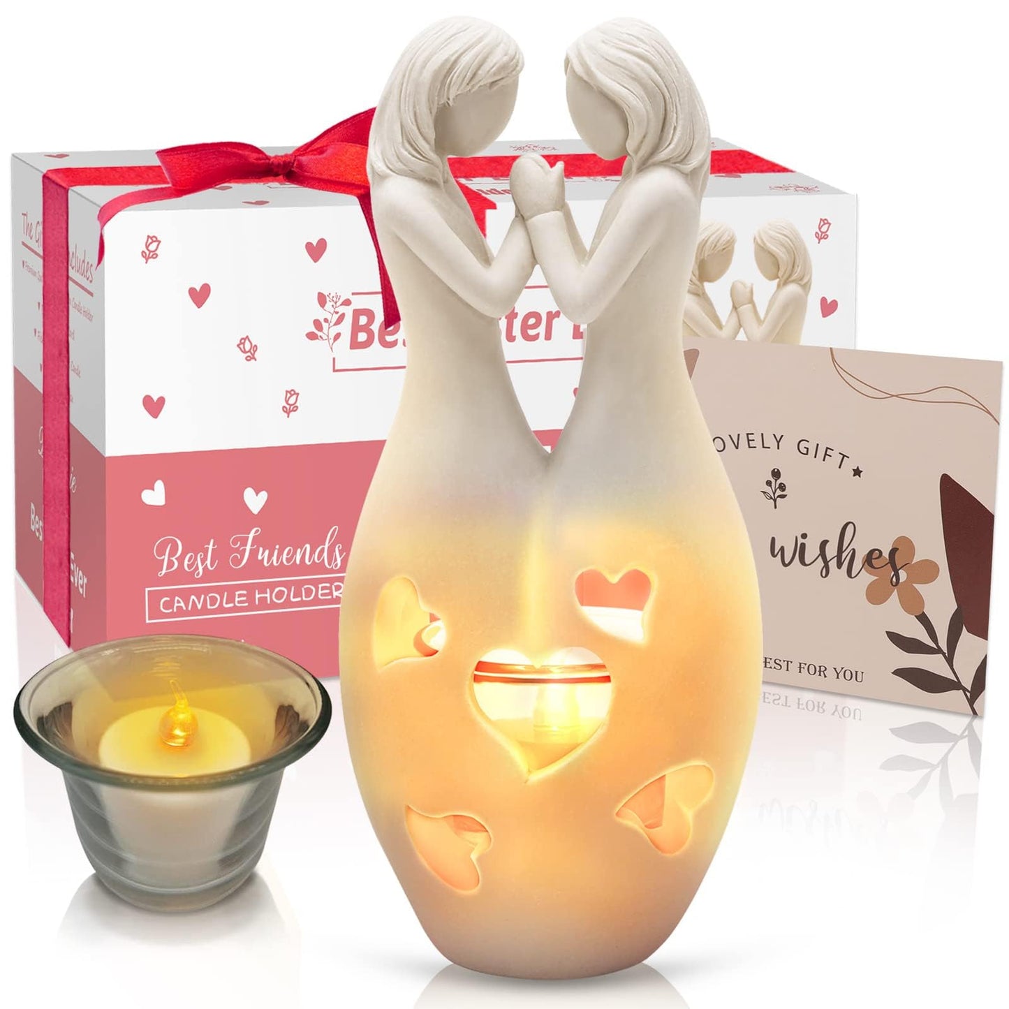 DREAMORIE Sisters Birthday Gifts from Sister, Polyresin Candle Holder Statue - W/Flickering Led, Unique Birthday Gifts for Women Friends BFF Bestie Female, Anniversary Present for Girlfriend