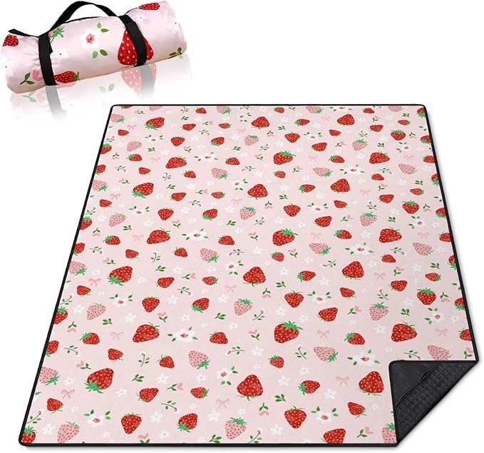 qwpmvhsak Strawberry Bow Picnic Blankets Waterproof Foldable, 60’‘x80'' Portable Outdoor Picnic Mat Water Resistant for Gr...