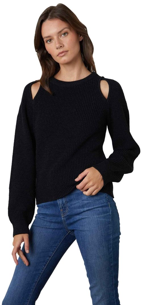 VELVET BY GRAHAM & SPENCER Women's Diane Engineered Stitches Cut-Out Crewneck Sweater, Coal, M