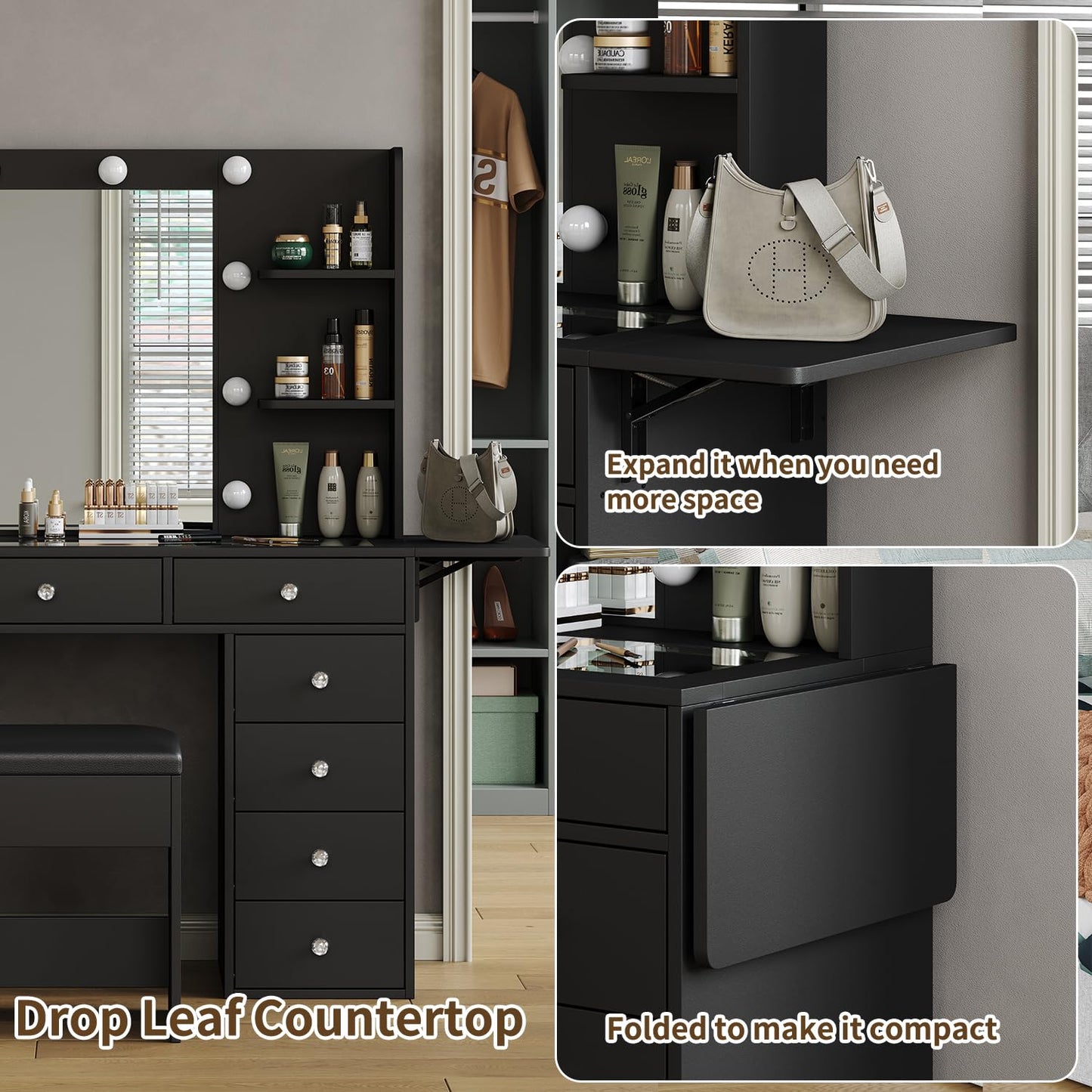 Vanity Desk with Power Outlet, 11 Drawers Makeup Vanity with Lighted Mirror, 3 Colors Adjustable, Glass Top with Chair, 4 Shelves and Fold-up Panel, Vanity Set for Bedroom, Dressing Room, Black