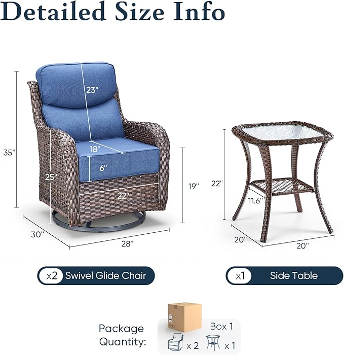 Belord Luxury 6" Thick Cushioned Outdoor Swivel Rocker Patio Chairs with Side Table, High Back Wicker Furniture Set with Ergonomic Zone Back, Conversation Glider Set for Deck Porch - Brown+Blue