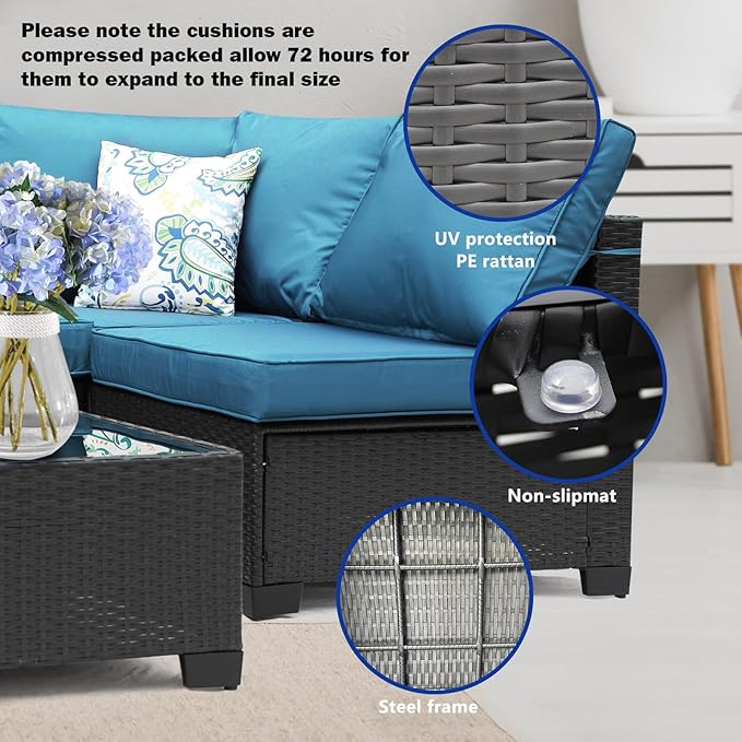 3D MATRIX 8 Pieces Patio Furniture Set with 28" Fire Pit Table, Wicker Outdoor Sectional Couch, Rattan Conversation Set for Backyard, Deck, Garden Lawn, Coffee/Peacock Blue