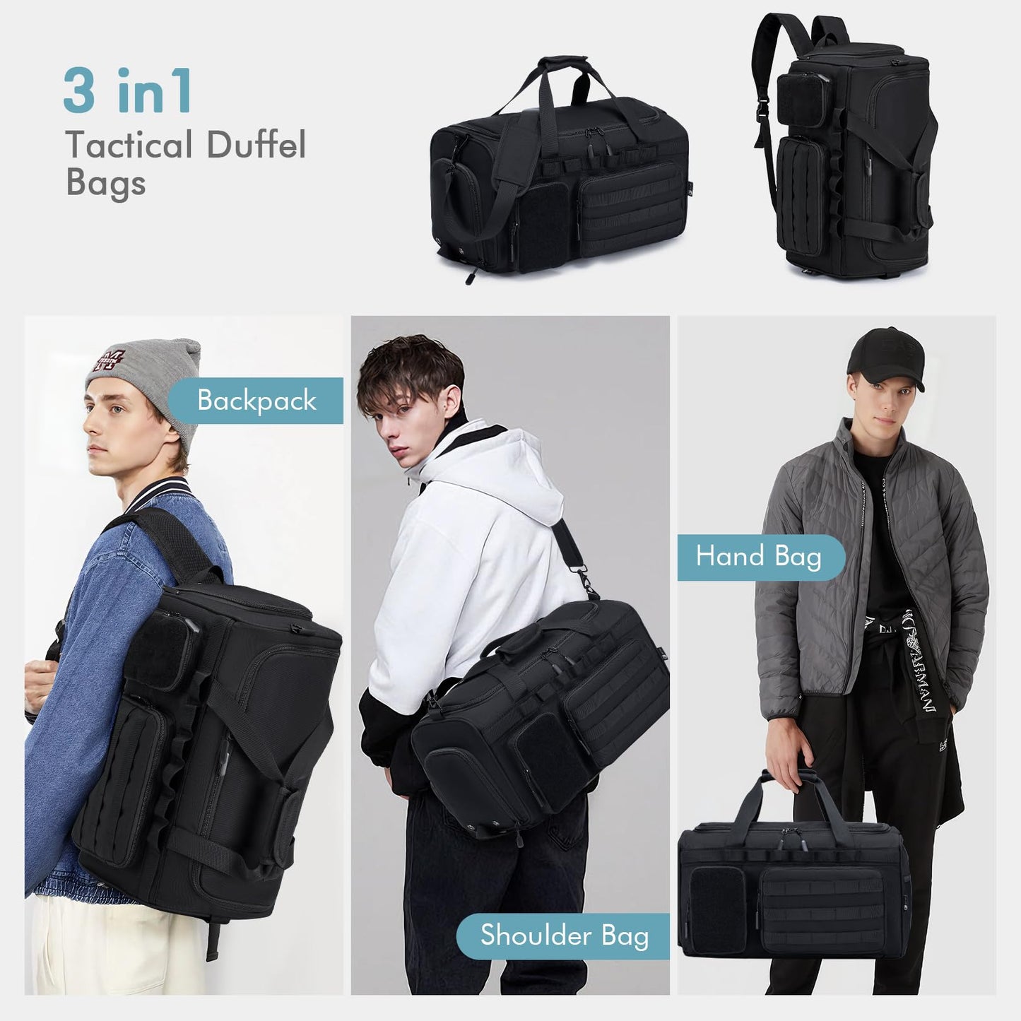 BAGZY 3 In 1 Tactical Military Travel Duffle Bag 40L with Shoe Compartment Gym Bag Backpack for Fitness Weekender Deployment Workout Black