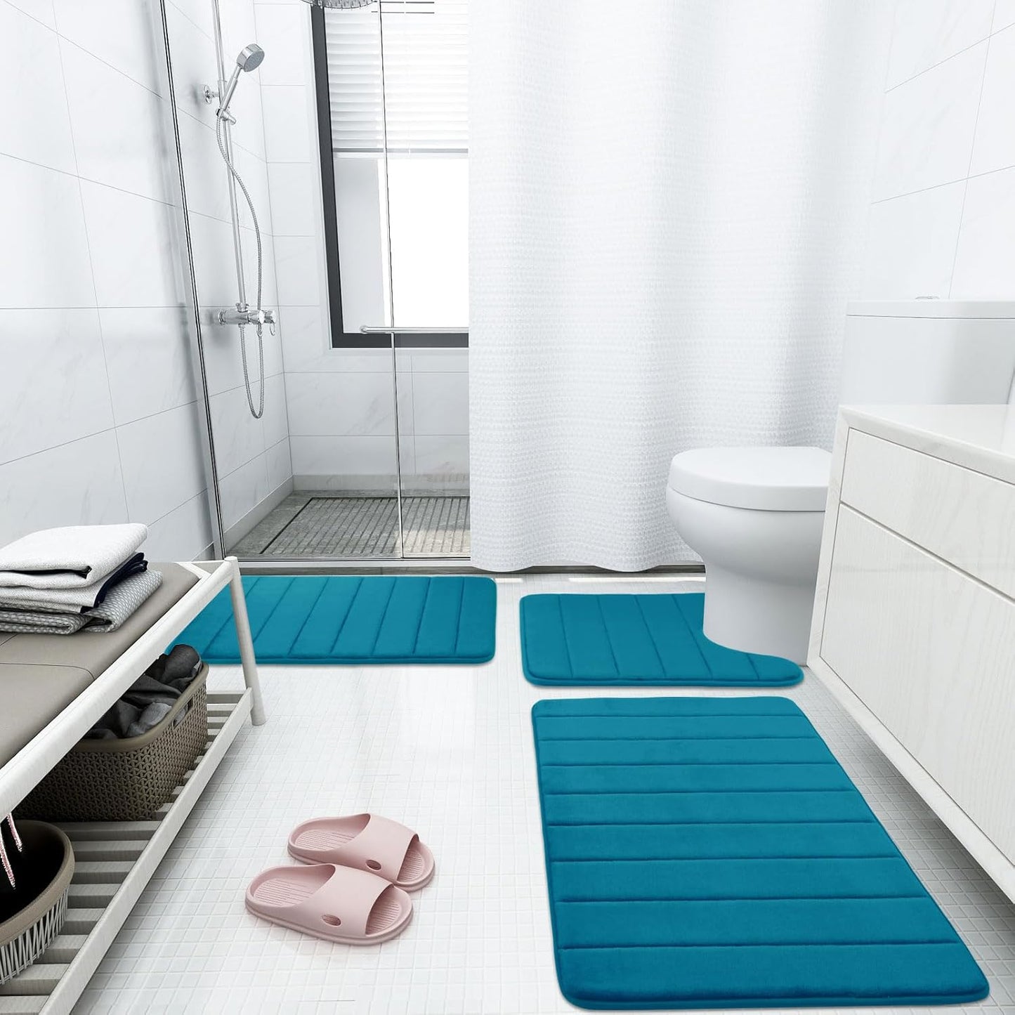 Buganda Memory Foam Bath Mat, 59" x 17", Ultra Soft and Non-Slip Bathroom Rugs, Water Absorbent and Machine Washable Bath Rug Runner for Bathroom, Shower, and Tub, Peacock Blue