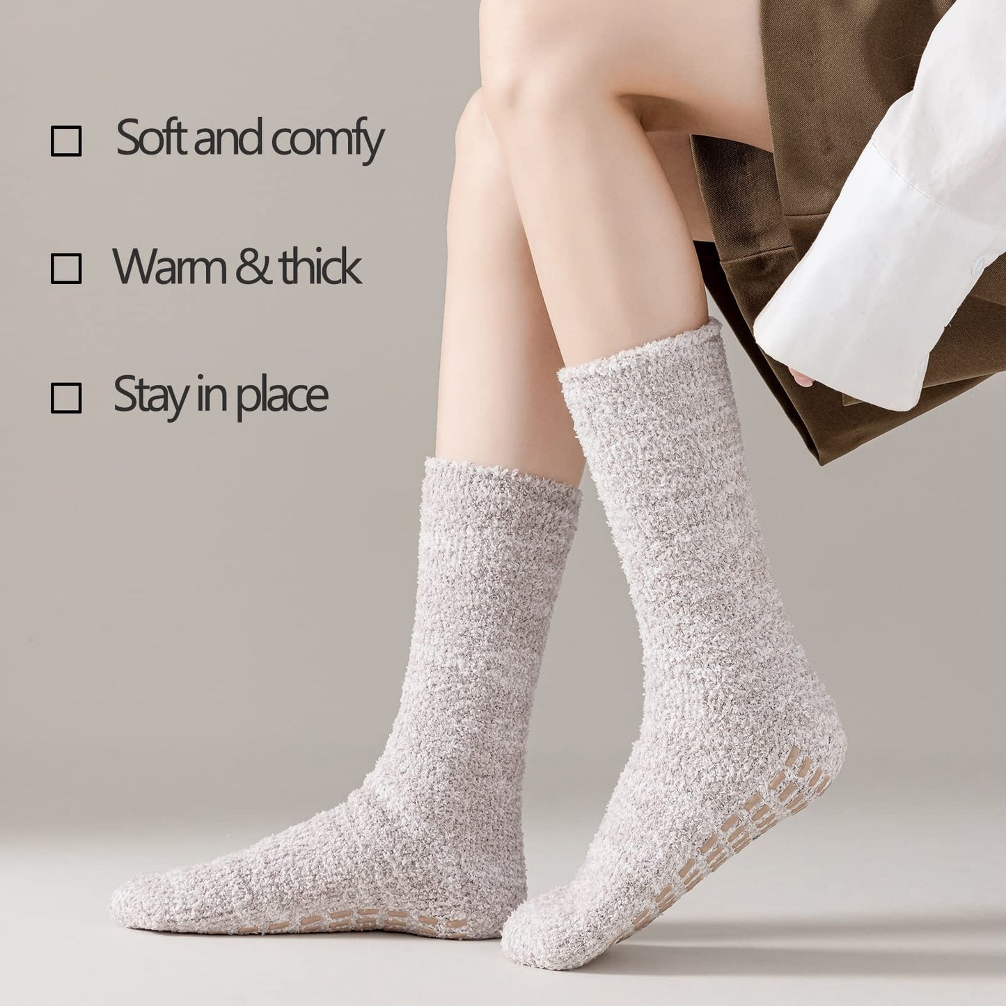JORMATT 3 Pairs Women Grip Fuzzy Socks Non Skid Men Thick Cozy Slipper Hospital Socks with Grips,Size S