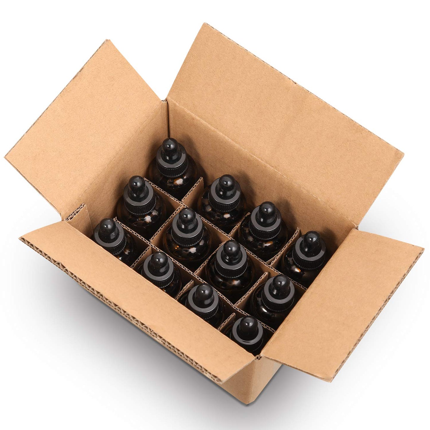 12 Pack, 2 oz Glass Dropper Bottle with 3 Stainless Steel Funnels & 1 Long Glass Dropper - 60ml Amber Tincture Bottles with Eye Droppers for Essential Oils, Liquids - Leakproof Travel Bottle