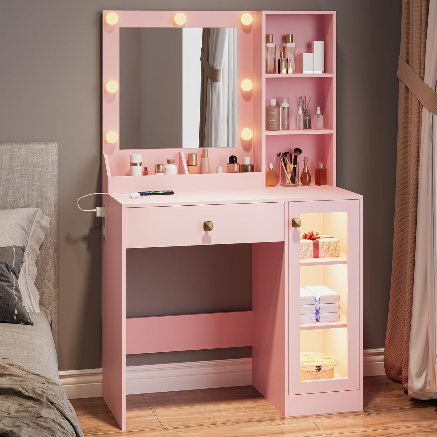 Thacuok Vanity Desk with Mirror and Lights, 33.5'' Makeup Table with Charging Station & RGB Glass Cabinet, Small Vanity with 3 Color Lighting Modes & Adjustable Brightness, Pink