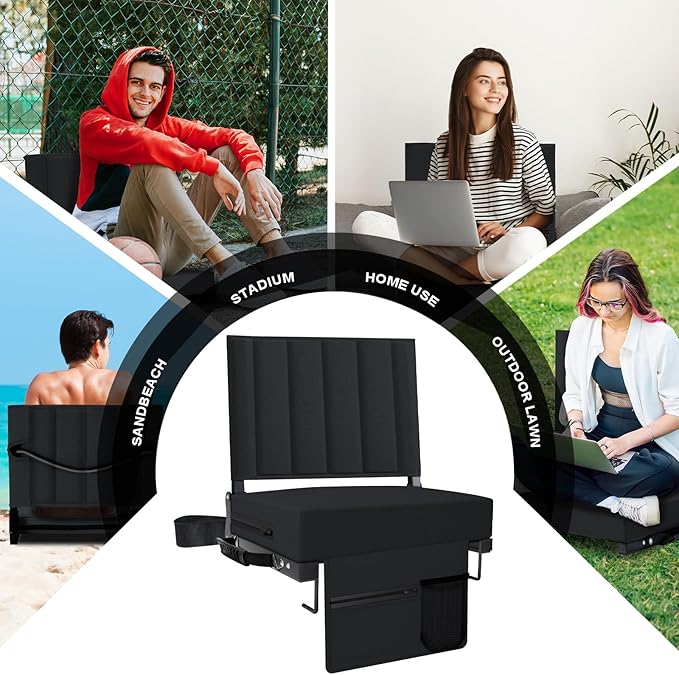 Aliphon Stadium Seat for Bleachers with Back Support and Cushion, Bleacher Seats with Shoulder Strap and Cup Holder, Padded Portable Folding Comfort Stadium Chair, for Sports Events, Black (1pcs)