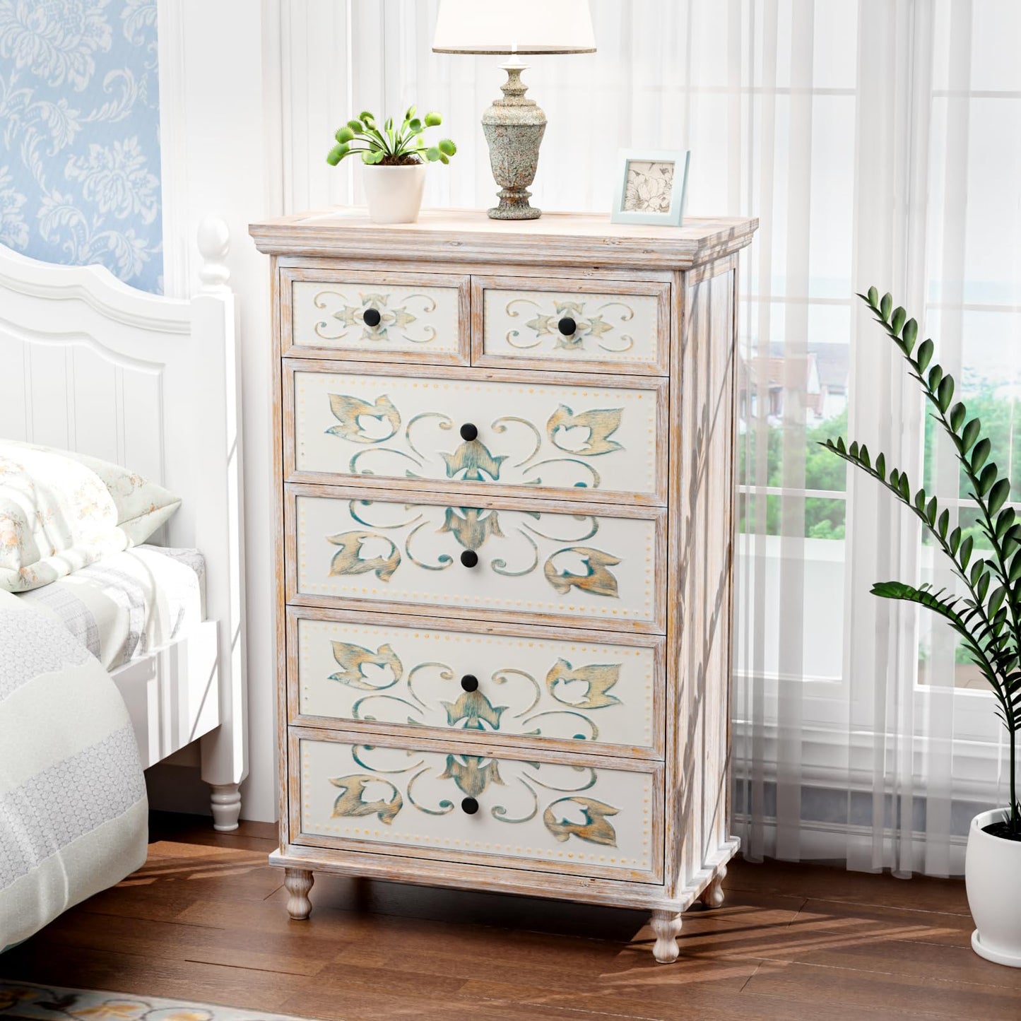 VINGLI Dresser Wood Chest of Drawers for Bedroom, Tall Dresser, Boho Dresser 6 Drawer Chest, Wooden Dresser with Drawers and Solid Wood Legs, Rustic Dresser, Washed White