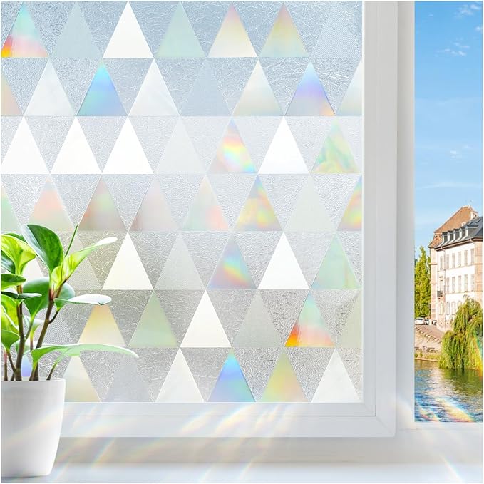 rabbitgoo Window Privacy Film, Stained Glass Rainbow Privacy Clings for Glass Window, Static Cling Decorative Door Covering, Non-Adhesive UV Blocking, Multicolored, 17.5 x 78.7 inches