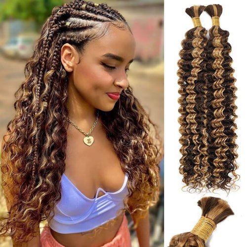 Condescension Highlight Chocolate Honey Blonde Human Braiding Hair 50g Per Bundle 2 Pcs Total 100g 24 Inch Deep Wave P4/27 Brazilian Virgin Bulk Braiding Human Hair for Black Women
