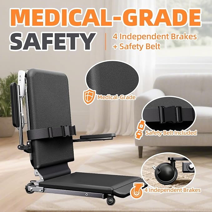 Upgrade Steel Electric Lift Chair with Advanced Wheels and PU Cushion, Floor Lift for Elderly, Support Up to 500 LBS, Safety Seat Belts and Handrails, Suitable for Home or Care Facilities Use, Black