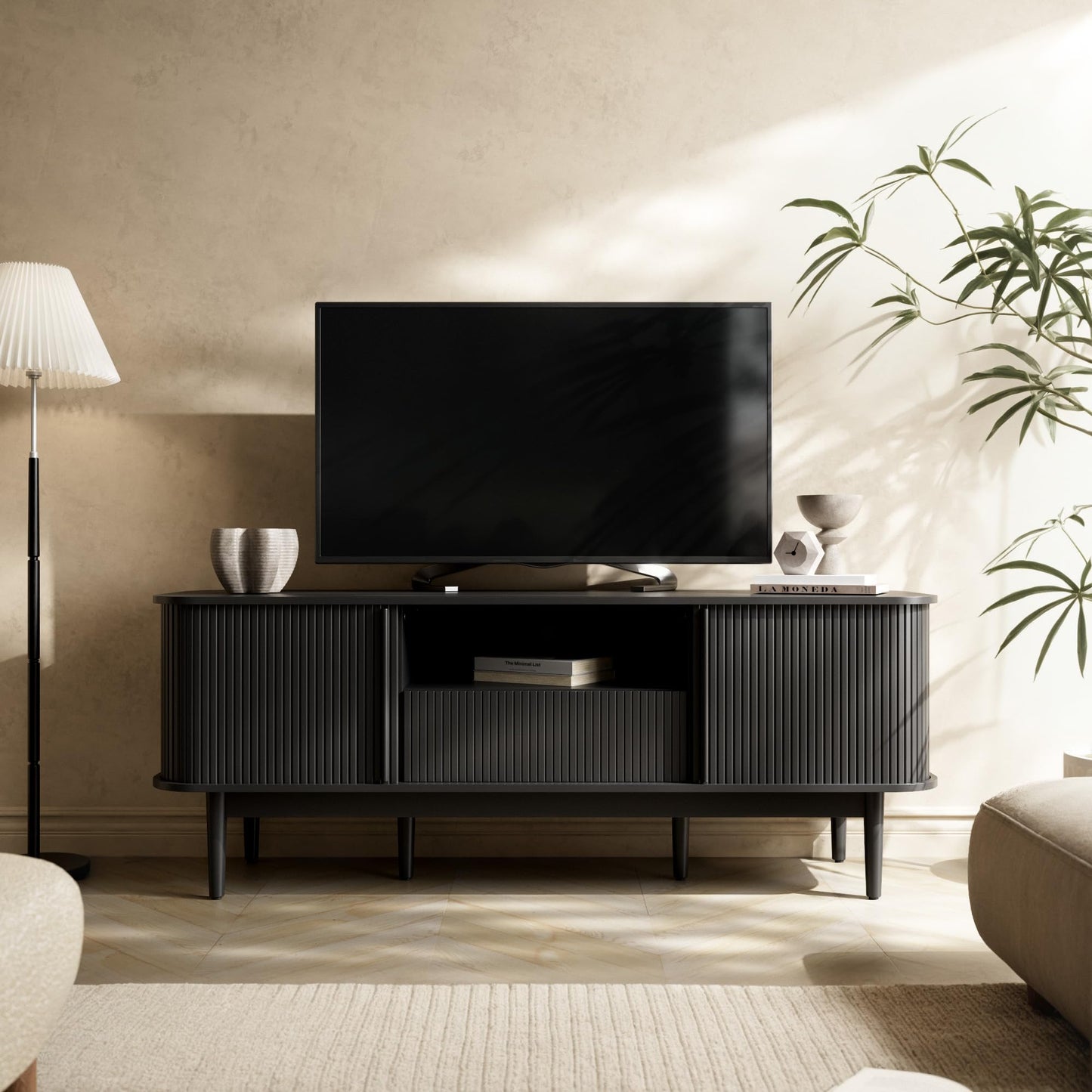 Furniway Modern TV Stand for 45/55/70 inch TV, Entertainment Center with Sliding Doors and Storage, Wood TV Stand for Bedroom, Living Room, Black