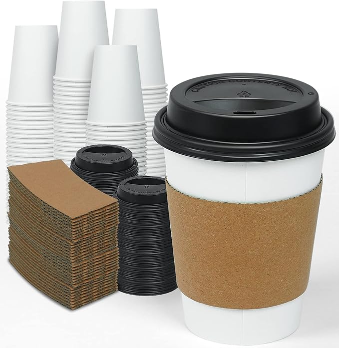 Ginkgo 100 Pack 12 oz Disposable Thickened Paper Coffee Cups with Lids and Sleeves, To Go Hot Coffee Cups, Hot Chocolate, ...