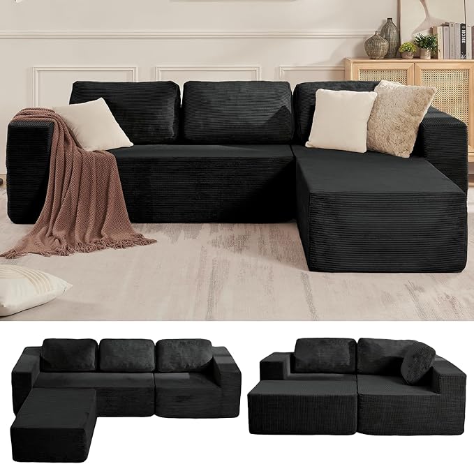 Furnify 106" Cloud Sectional Couch, Left/Right Facing Convertible Sofa with Deep Seat, L-Shape Modular Upholstered Foam Couch for Living Room Bedroom, No Assembly Required (Corduroy Fabric, Black)