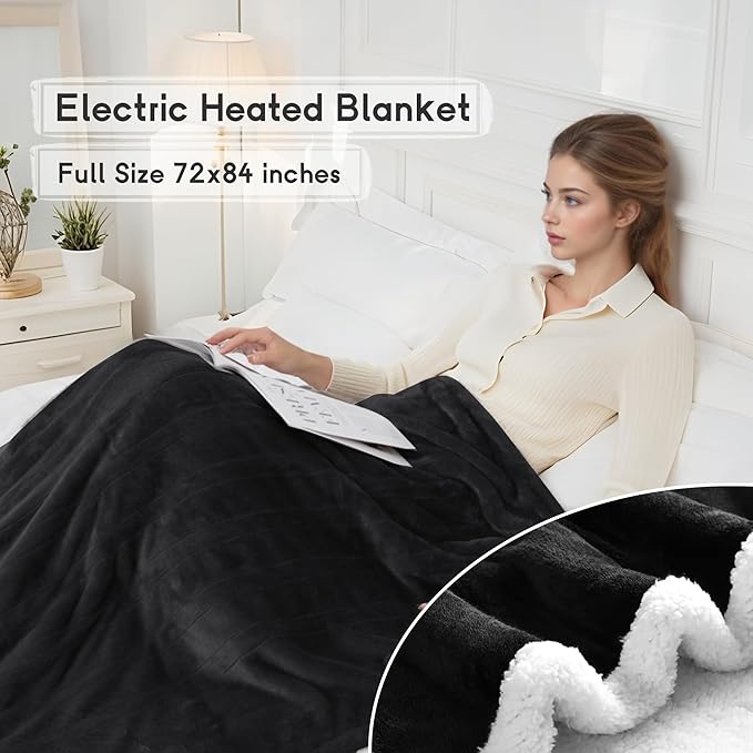 Heated Blanket Electric Blanket Full Size 72''x84'' with 9 Heating Levels, 1-10 Hour Auto Shut Off, Machine Washable, Flannel & Sherpa Soft Warming Blanket for Couch, Bed, Office - Black