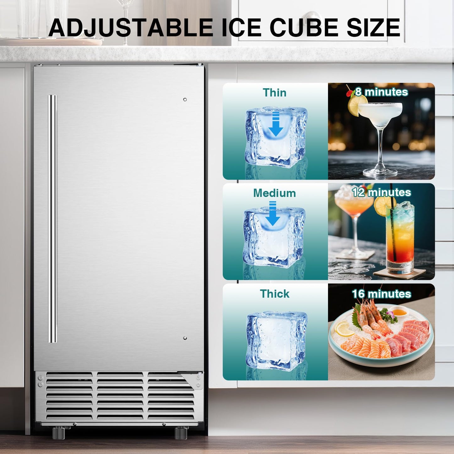 15" W Commercial Under Counter Ice Maker Machine，85 Lbs/Day with 30 LBS Storage Bin，Bulit-in Freestanding Ice Maker，Stainless Steel Under Cabinet Ice Machine，Self Cleaning，Thicknesses Adjustable