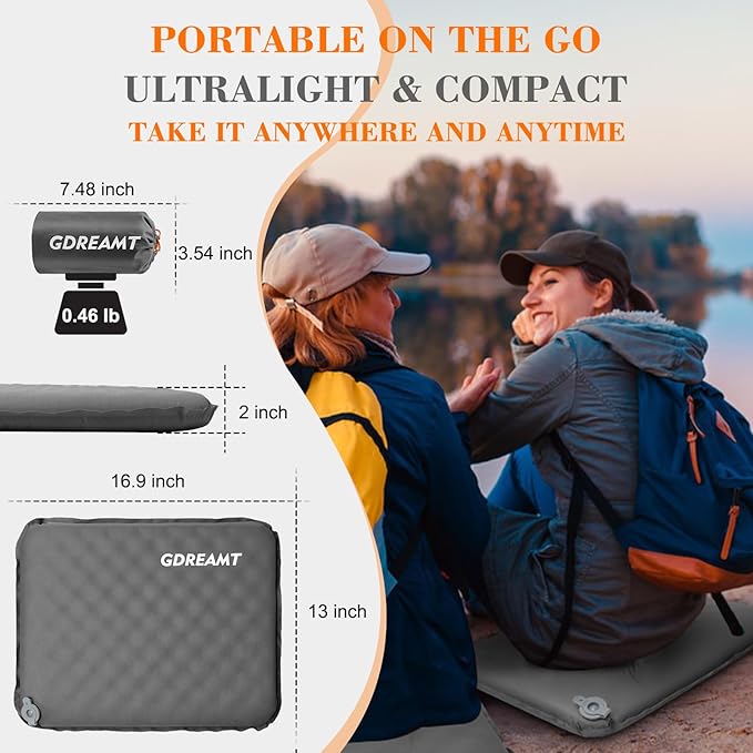 GDREAMT Inflatable Seat Cushion, Self-Inflating Memory Foam Stadium Seats Cushion Lightweight & Compact Chair Sitting Pad Airplane Cushion for Long Flight Travel Outdoor Camping Car Bleachers Office