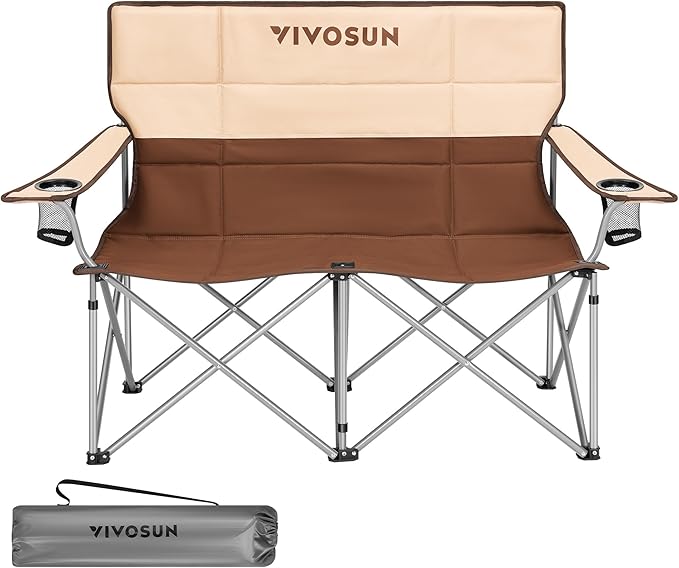 VIVOSUN [outlets] Double Camping Chair, Fully Padded Folding Loveseat, Portable Oversized Duo Chair with Storage Cup Holders, Height-Adjustable Armrests & Carry Bag, Supports up to 500lbs