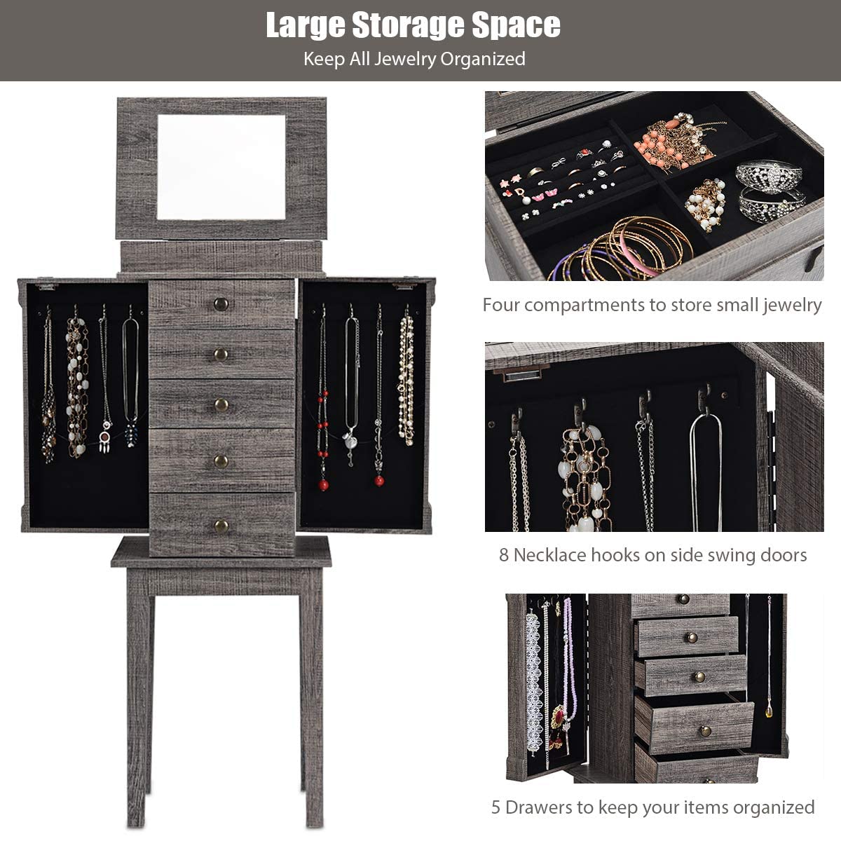 OFFICEJOY Standing Jewelry Armoire Cabinet w/Top Flip Mirror, 5 Drawers, 2 Doors, 8 Necklace Hooks, Jewelry Storage Chest Organizer for Earrings Necklaces Bracelets, Make Up, Girls Women Gift (Gray)