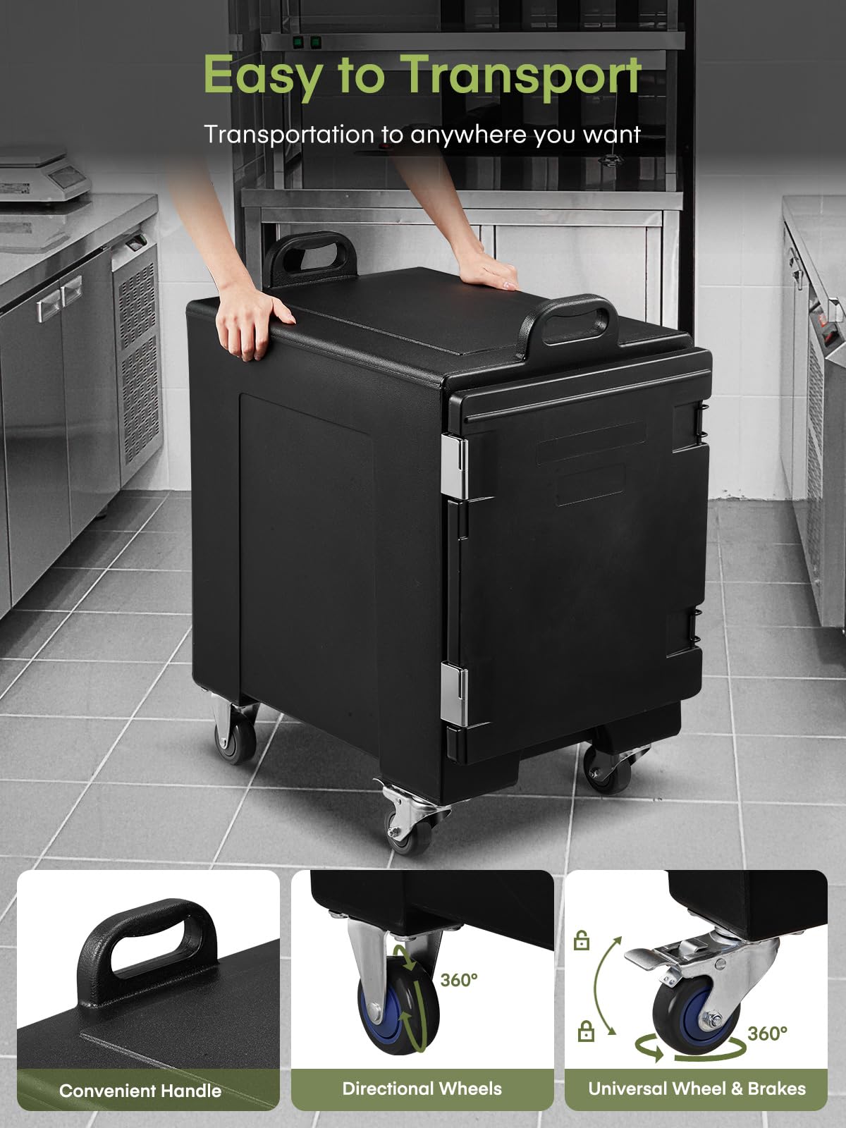 Catering Food Warmer, 82Qt Front Loading Hot Box for Catering, LLDPE Insulated Food Pan Carrier for 5 Full-Size Pan, w/Wheels, Stackable, Handles, Hot Box Food Warmer for Camping, Restaurant