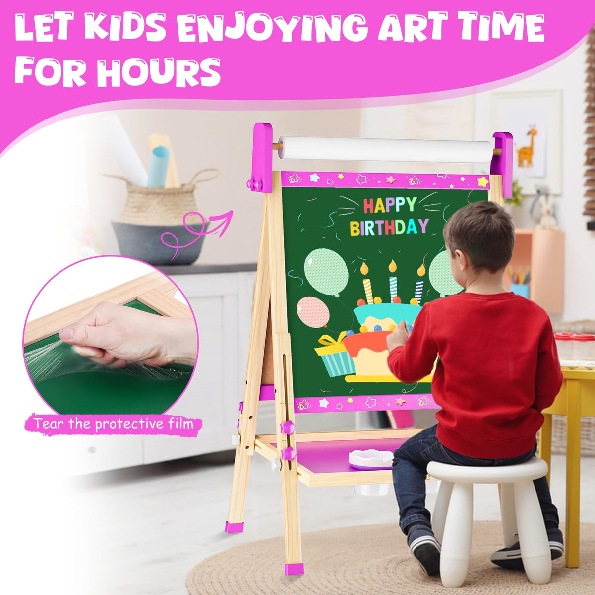 Easel for Kids Toys,Toddler Art Easel with Art Supplies, Height Adjustable Double-Sided Magnetic Dry Eraser Whiteboard and Chalk Board with Paper Roll,2 3 4 5 6 7 8 9 10 Year Old Girl Birthday Gifts
