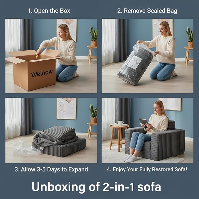 Welnow Folding Sofa Bed with Ottoman, Convertible 2-in-1 Boneless Couch Futon Lounge Chair Bed for Adults, Comfy Fold Out Sleeper Sofa for Small Spaces, Living Room, Bedroom, or Dorm, Pink