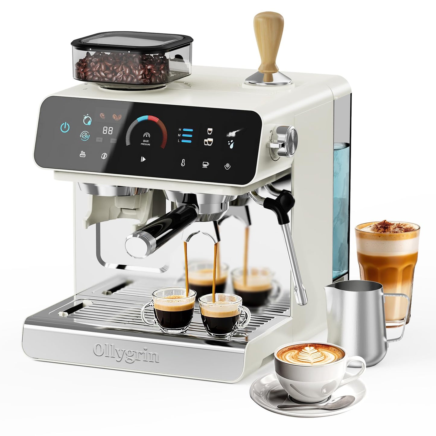Ollygrin 20 Bar Espresso Machine with Grinder, Espresso Maker with 19 Grinding Settings, Coffee Machine with Pressure Gauge, 94.7Oz Removable Water Tank for Latte & Cappuccino