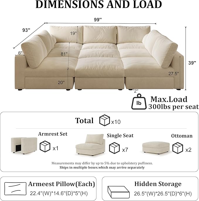Cloud Modular Sectional Sleeper Sofa with Storage Ottoman, 128" Oversized Sectional Couches for Living Room, Cloud Modular Sleeper Sofa with Chaise, 9 Seater, Chenille, Beige