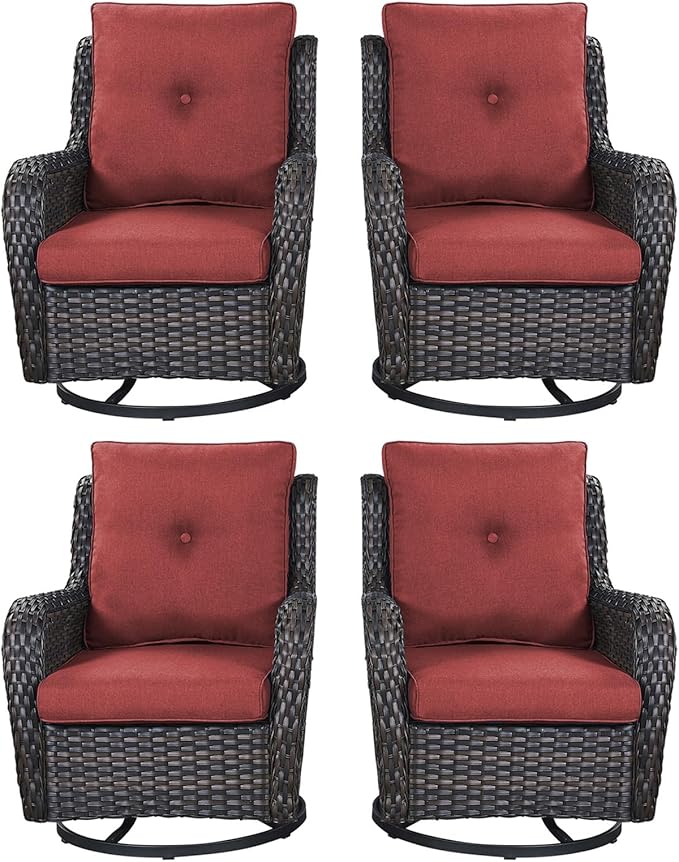 Rilyson Patio Chairs Wicker Outdoor Chair - 4 Piece Rattan Swivel Rocking Chairs Set Patio Glider Rocker Chair for Porch Deck Garden Backyard(Brown/Red)