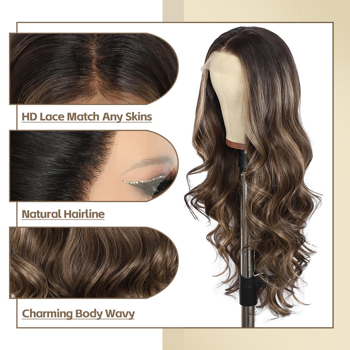 BABEHERS Brown Lace Front Wig for Women 13x4 Highlight synthetic Wig Pre-plucked Body Wave Long Wavy 150% Density Heat Resistant