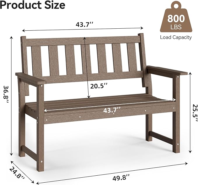 ACUEL HDPE Outdoor Bench – 50'' Weatherproof Durable Garden Bench, 2-Person Park Bench, Multi-Purpose Design Ideal for Porch, Patio, Church, and School (Brown)