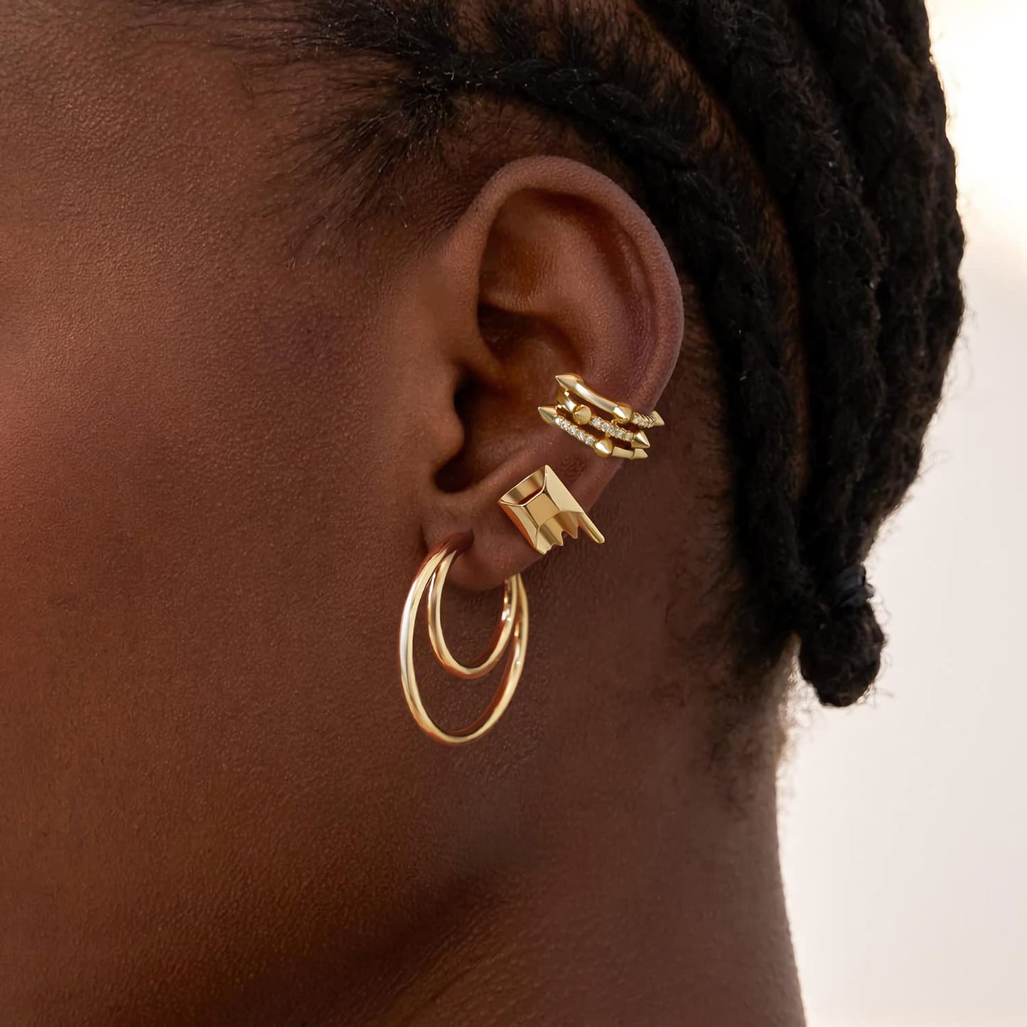 MYEARS Women Ear Cuff Earring Gold Non Pierced Cartilage 3 Split Stripe Band Spike Clip on Wrap Hoop Diamond CZ 14K Gold Filled