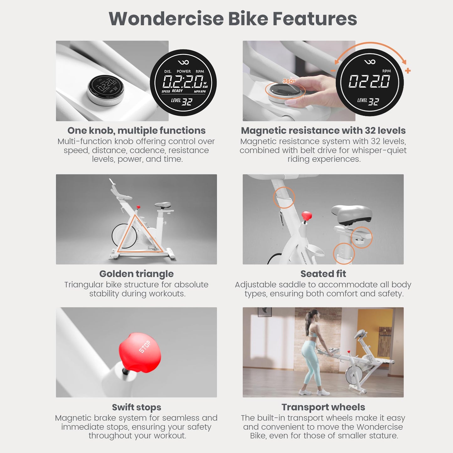 Wonder Core Exercise Bike, Wondercise Bike - 32-Level Magnetic Resistance Stationary Bike for Home Gym, Indoor Cycling with 13.2lbs Flywheel, Exclusive App, Tablet Holder, Adjustable Seat/Handlebars