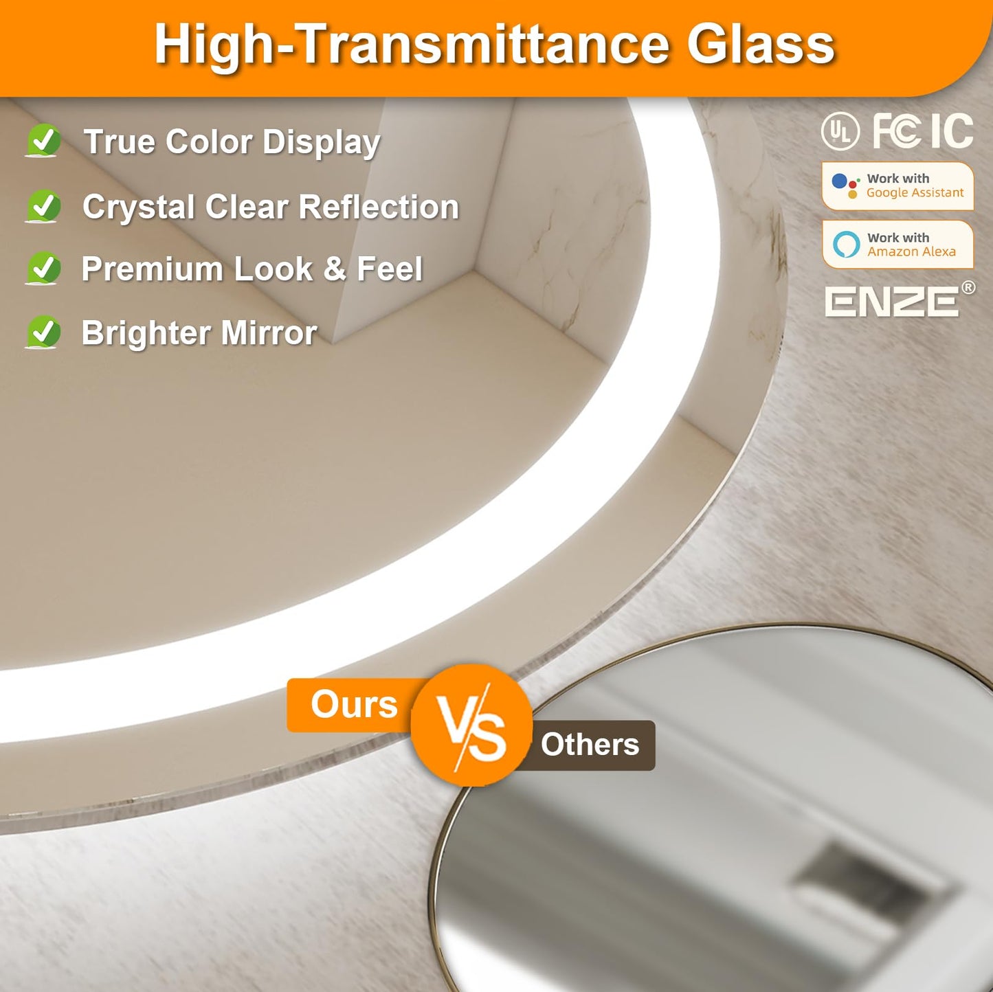 ENZE 24 Inch Round Bathroom Mirror with Lights, Circle LED Mirror, Wall Mounted Lighted Bathroom with 3 Colors,Anti-Fog, Dimmable, Shatter-Proof,Touch Sensor &APP WiFi & Voice Control (Alexa/Google)