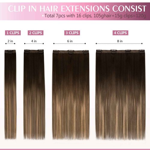 Fimislosion Real Hair Extensions Clip in Human Hair, Seamless Clip in Hair Extensions Real Human Hair, 18 Inch Clip ins extensions for women, Dark Brown to Chestnut Brown and Honey Blonde 120G 7Pcs