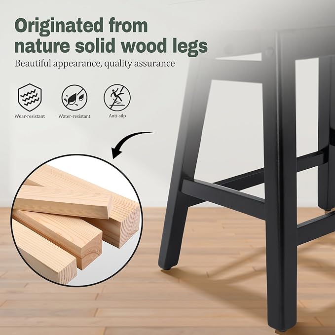 RNKSFX Counter Height Black Bar Stools Set of 3 for Kitchen Counter, Backless Farmhouse Kitchen Island Barstools with Upholstered Faux Leather Saddle Seat and Solid Wood Legs Modern 24 inch Bar Chairs