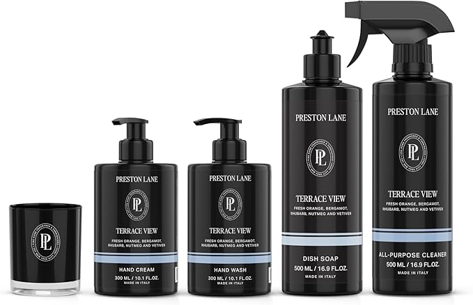 Preston Lane Signature Home Set – All Purpose Cleaner, Dish Soap, Hand Wash, Hand Cream & Scented Candle | Plant-Powered Cleaning & Care Essentials with Fine Italian Fragrance, Terrace View