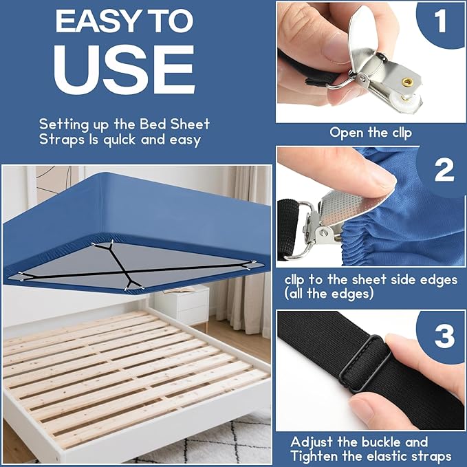 CHRORINE Bed Sheet Holder Straps Adjustable Sheet Fasteners Clips Keep Bedding Stays in Place, 4 Pcs/Set, Black