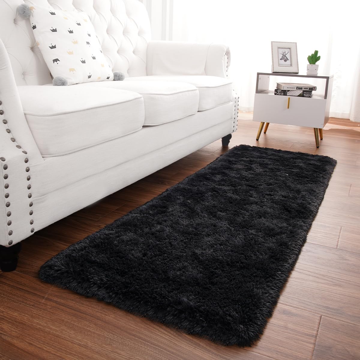 ST. BRIDGE Black Runner Rug for Bedroom 2x6 Feet, Fluffy Shag Area Rugs for Living Room Nursery, Fuzzy Furry Bedside Rug for Girls Kids Baby Room, Modern Indoor Comfy Plush Carpet Decor