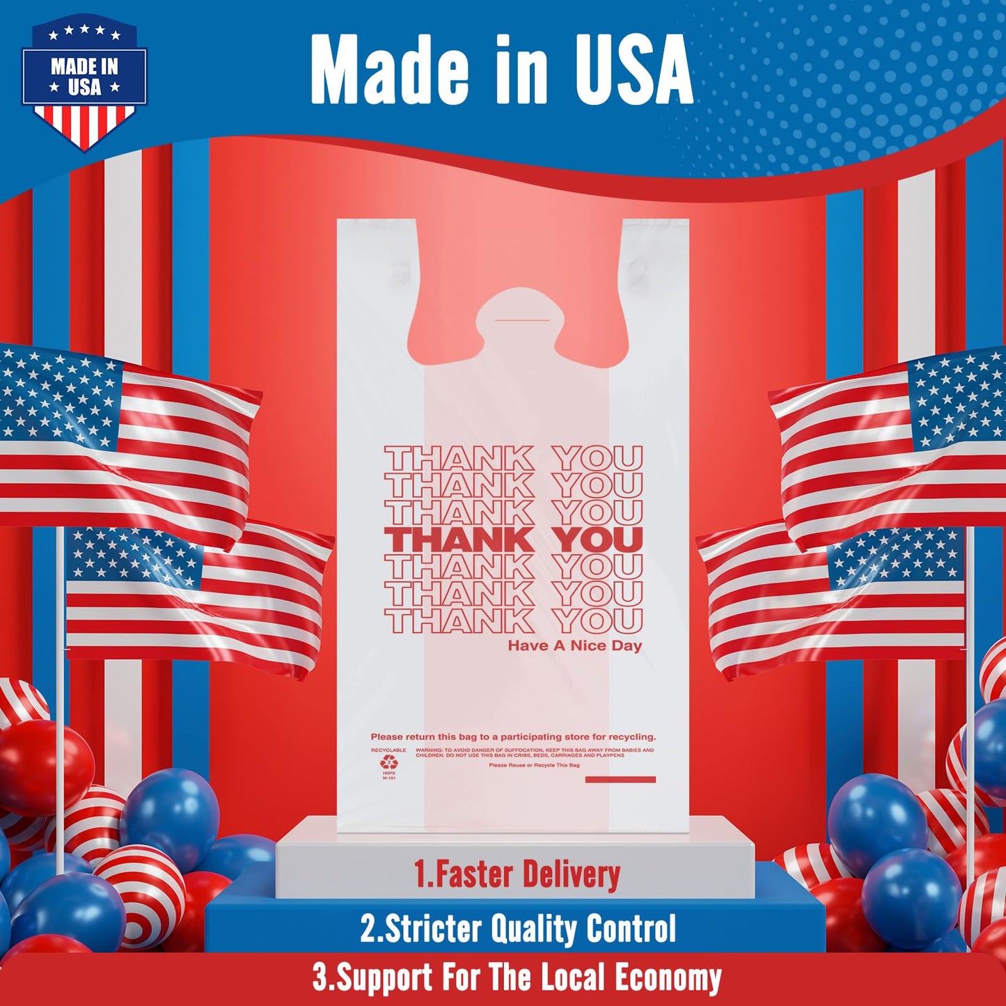 Fuxury 500 Count - Thank You Plastic T-shirt Bags White with Handles (11.5" x 6.5" x 21"), Grocery, Take Out, To Go, Restaurants, Convenience Store,Retail Shopping Bags in Bulk for Small Business